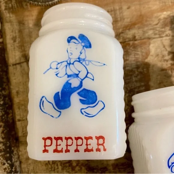 1940s Vintage Milk Glass Salt, Pepper, & Sugar Shakers Dutch Boy Girl Spice Jars - Picture 9 of 13